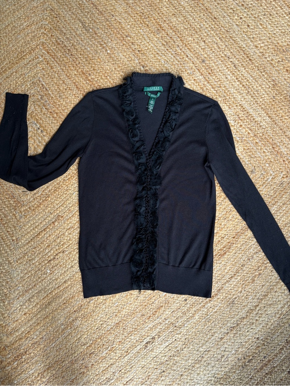 LAUREN RALPH LAUREN Black Cardigan with Rosette Ruffle Trim